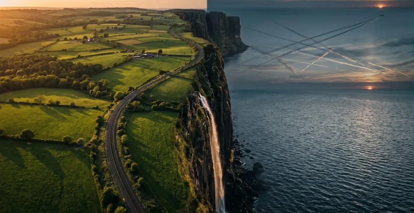 Vue aérienne montrant deux trajets : un court en train et un long en avion avec visualisation des émissions