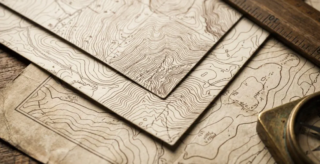 Trois cartes topographiques à différentes échelles posées sur une table en bois avec une loupe