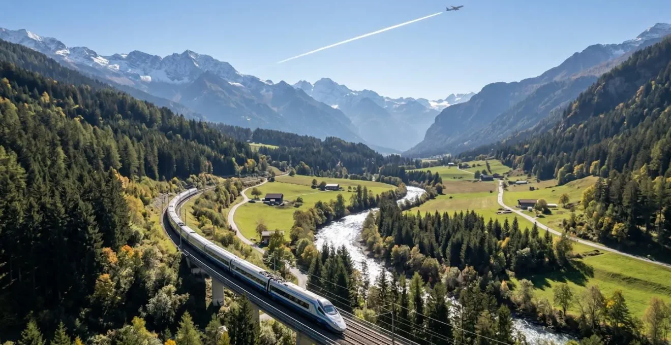 Vue aérienne montrant un train électrique longeant une vallée avec un avion au loin dans le ciel
