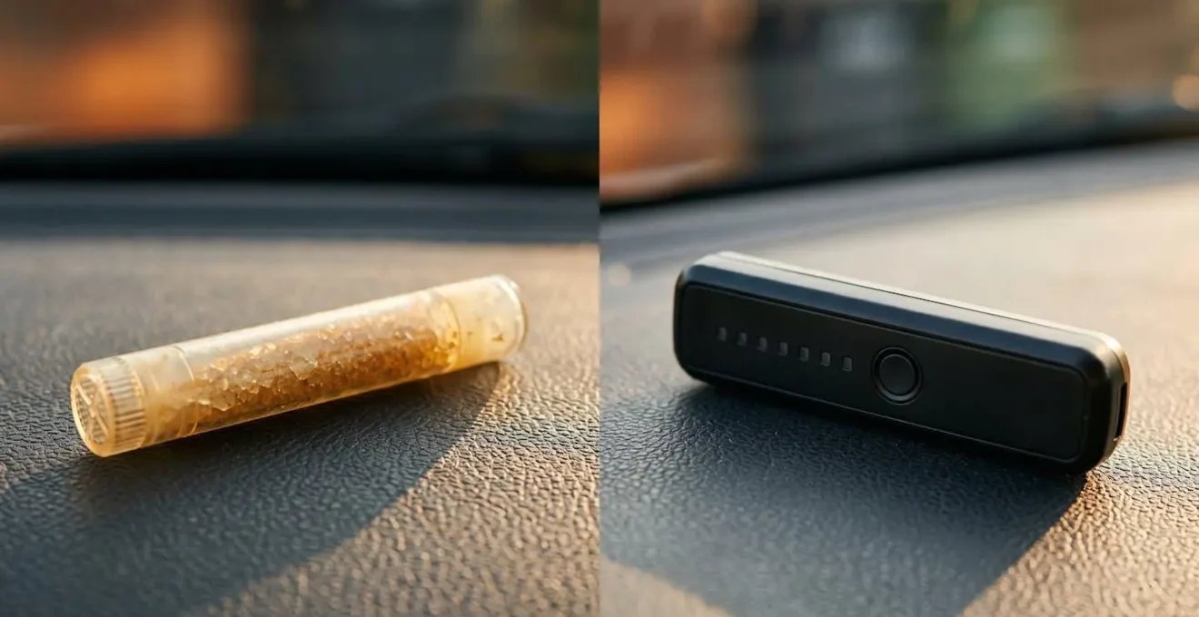Comparaison visuelle entre un éthylotest chimique et un éthylotest électronique, soulignant leur différence de technologie et de durabilité.