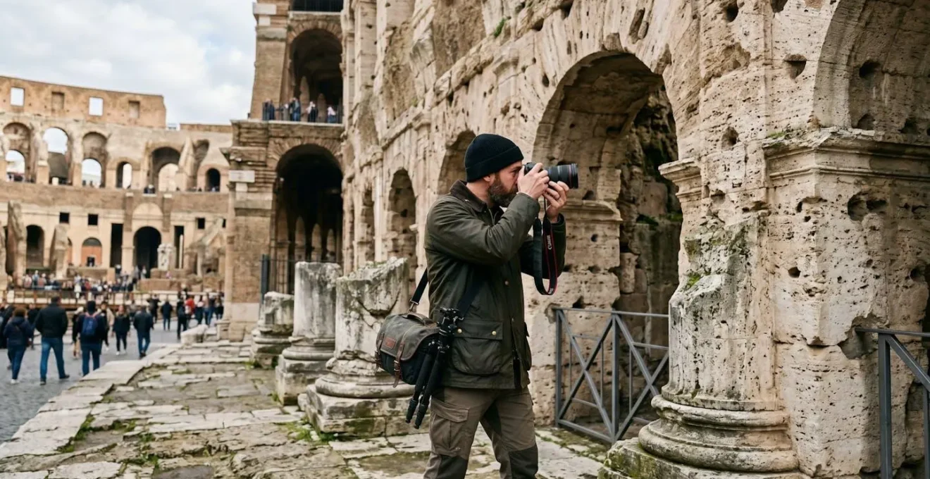 Photographe capturant les imperfections d'un monument historique sous lumière naturelle