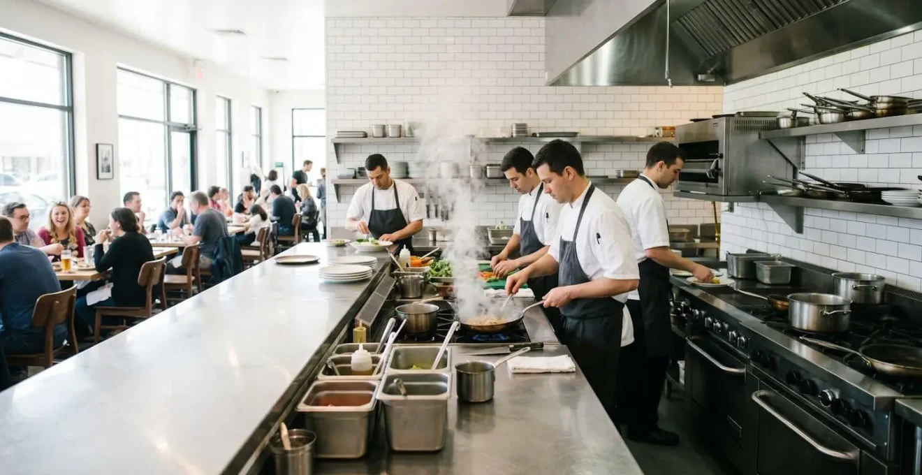 Vue d'une cuisine ouverte impeccable dans un restaurant local animé