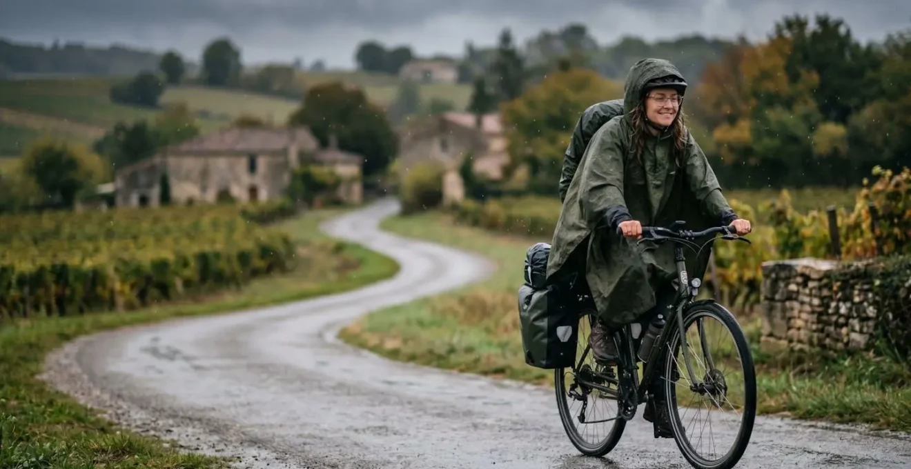 Cycliste portant un poncho sous la pluie fine, pédalant sereinement sur une route de campagne