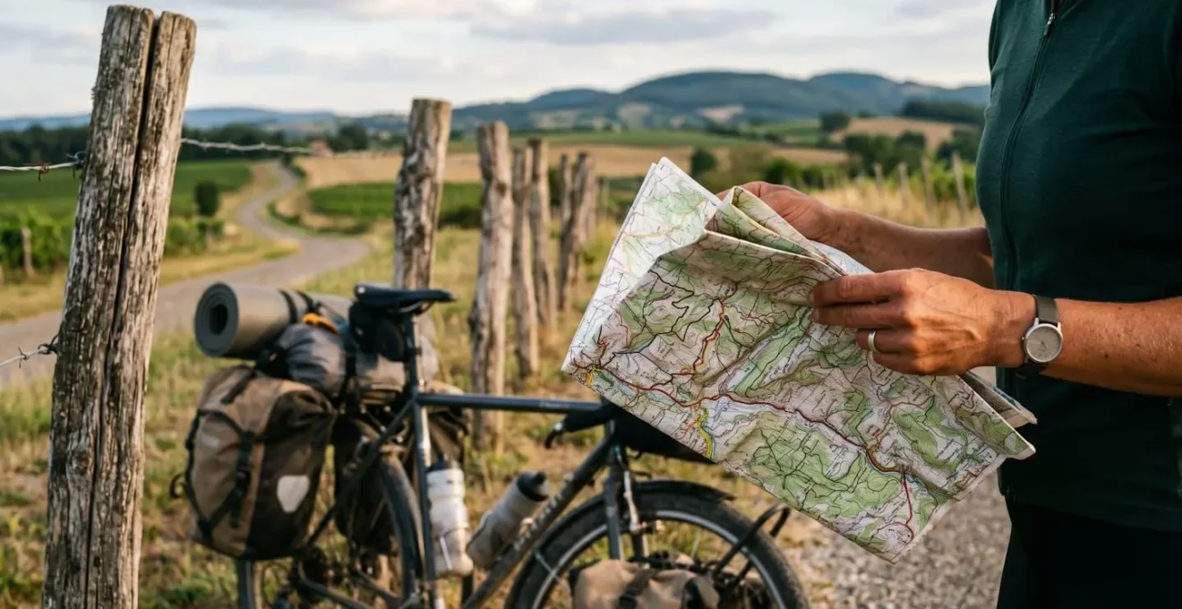 Cyclotouriste consultant une carte papier à côté de son vélo chargé lors d'une pause