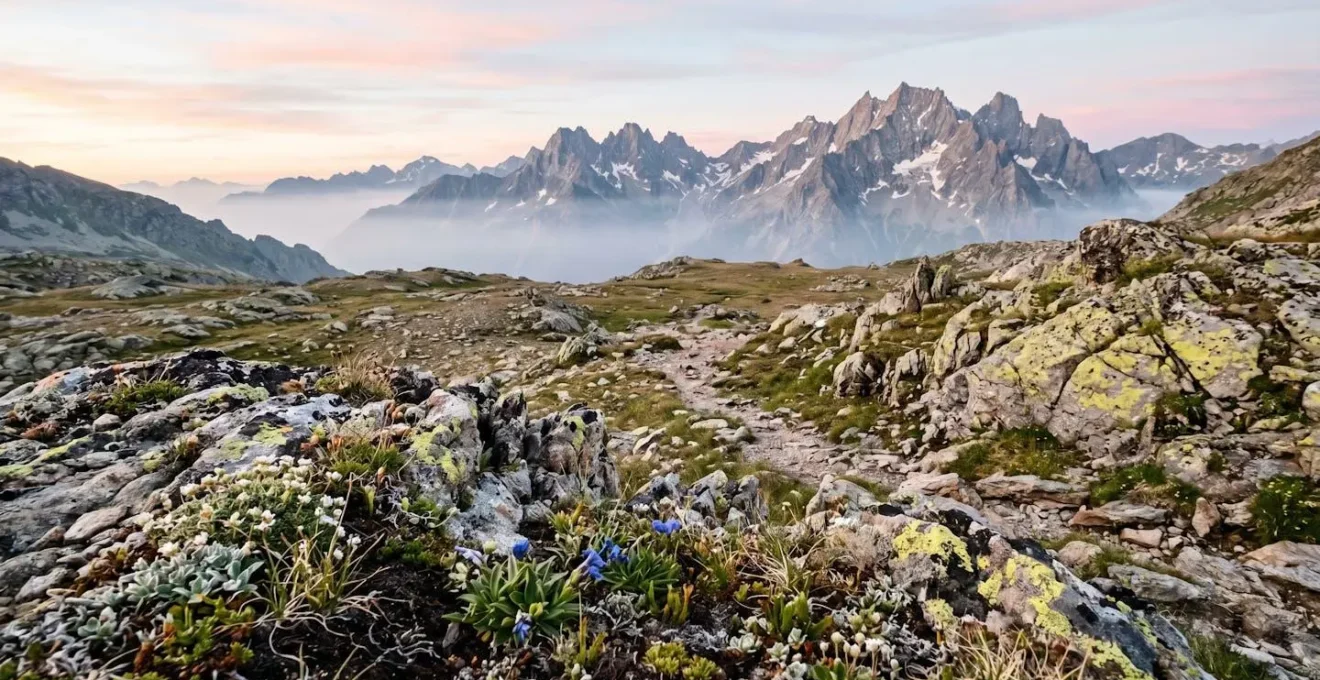 Sol alpin avec végétation fragile et mousses sur rochers en gros plan