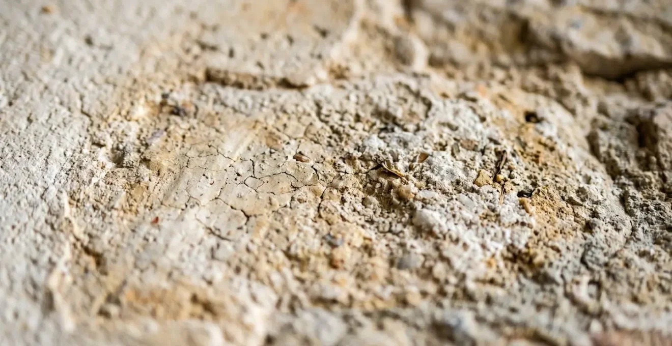 Détail macro d'un mur en chaux traditionnel montrant la texture et les micro-organismes protecteurs naturels