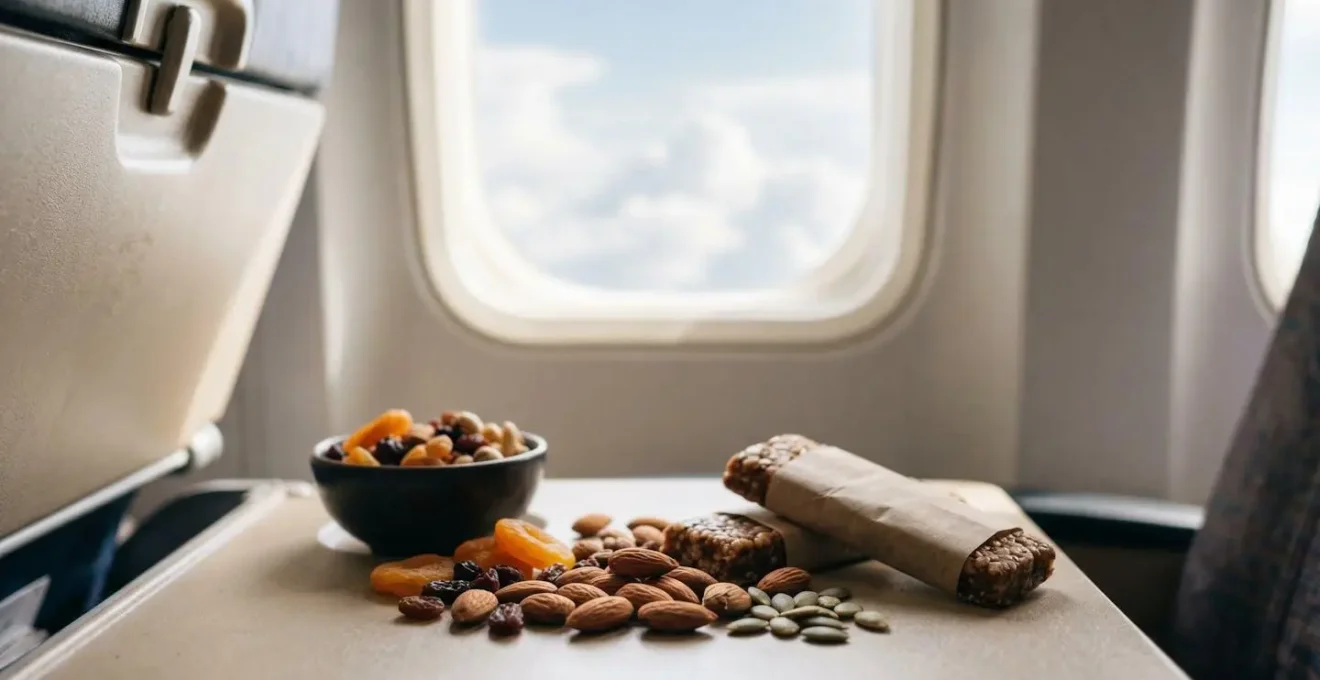 Sélection d'en-cas sains disposés sur une tablette d'avion