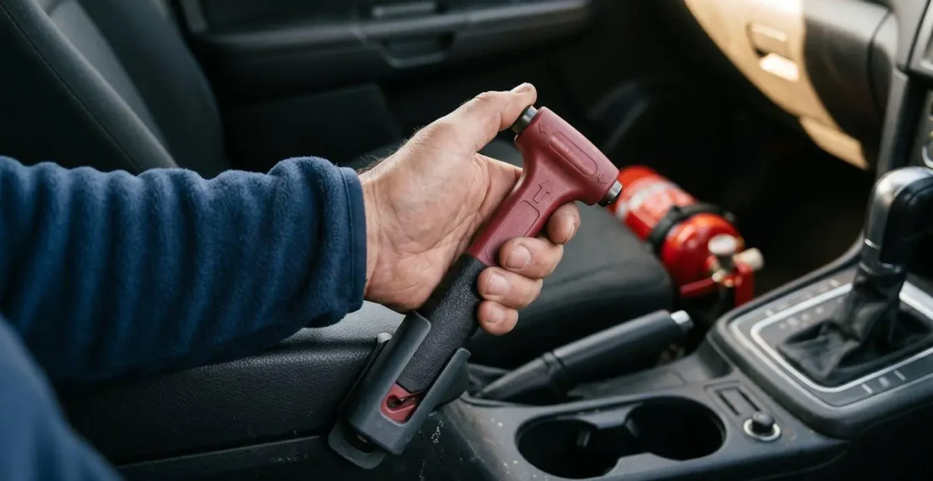 Vue rapprochée d'un extincteur compact et d'un marteau brise-vitre solidement installés à portée de main dans l'habitacle d'une voiture.