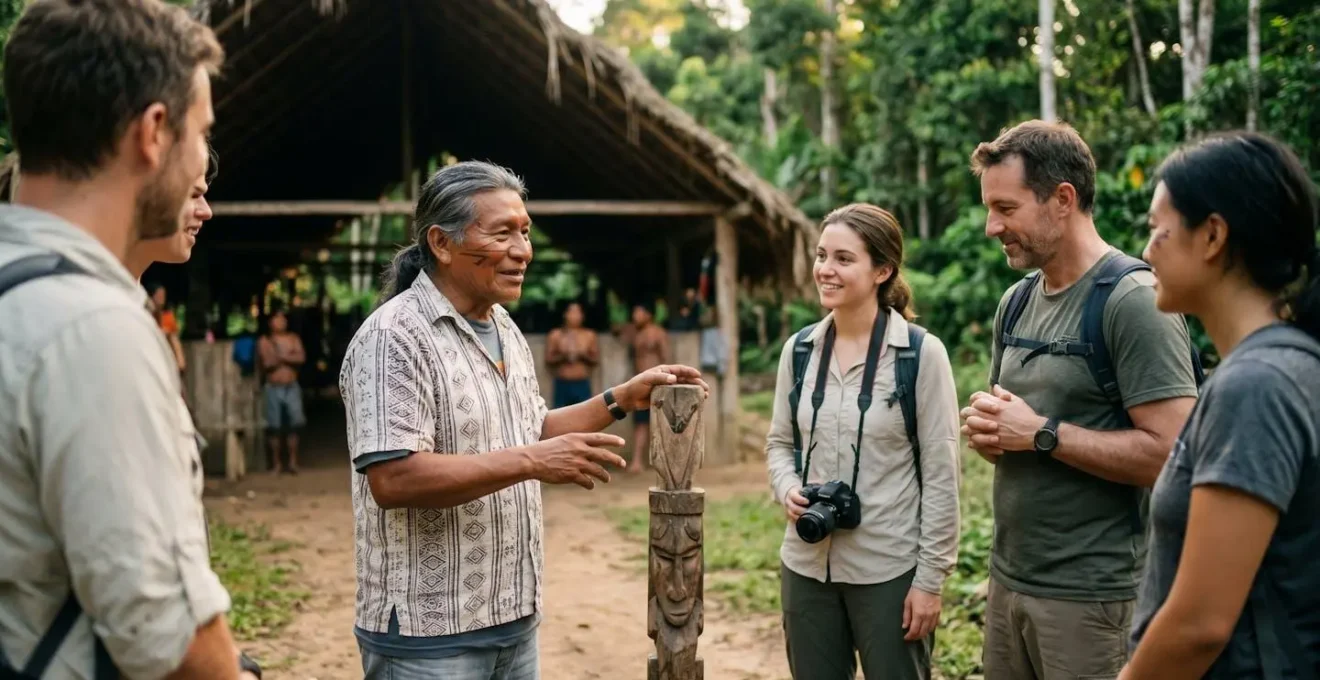 Guide autochtone partageant les traditions de sa communauté avec des visiteurs respectueux