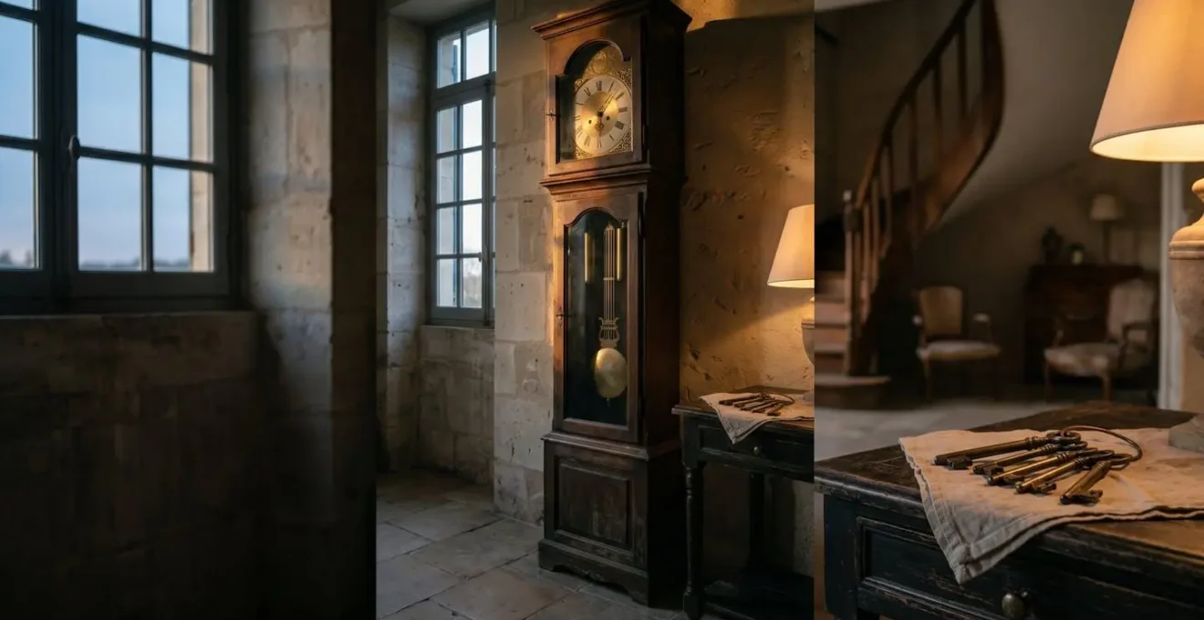Horloge vintage dans l'entrée d'une maison d'hôtes au crépuscule, symbolisant l'importance du temps.