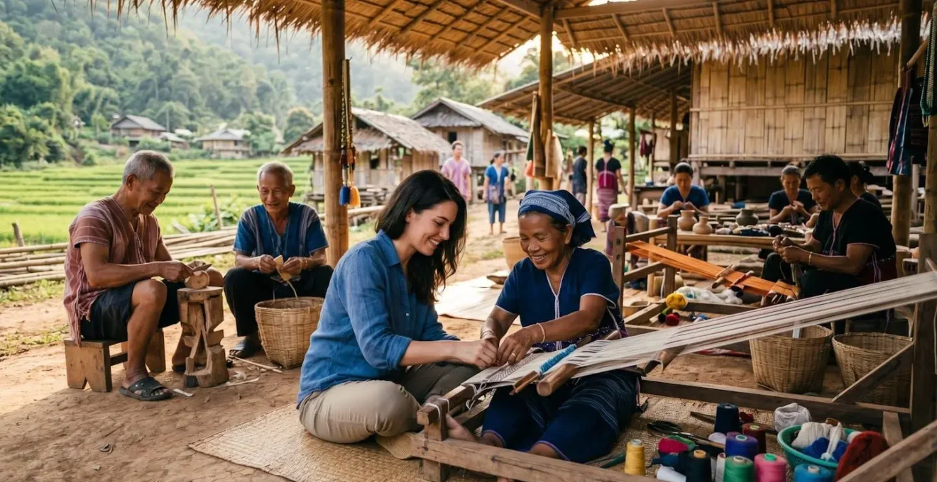 Visiteur participant aux activités quotidiennes d'artisanat traditionnel avec des membres de la communauté