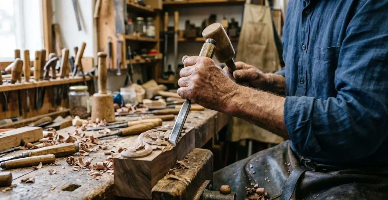 Gros plan sur les mains d'un artisan travaillant une matière naturelle avec ses outils traditionnels