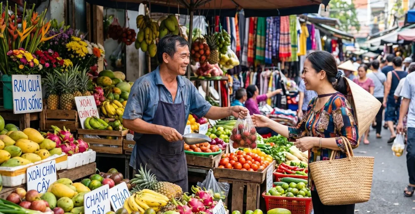 Vue d'un étal de marché coloré avec interaction entre client et vendeur de fruits et légumes locaux