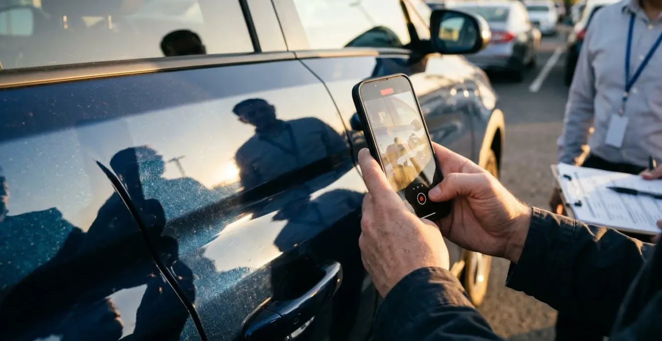 Personne filmant méthodiquement le tour complet d'un véhicule de location avec son smartphone en présence de l'agent