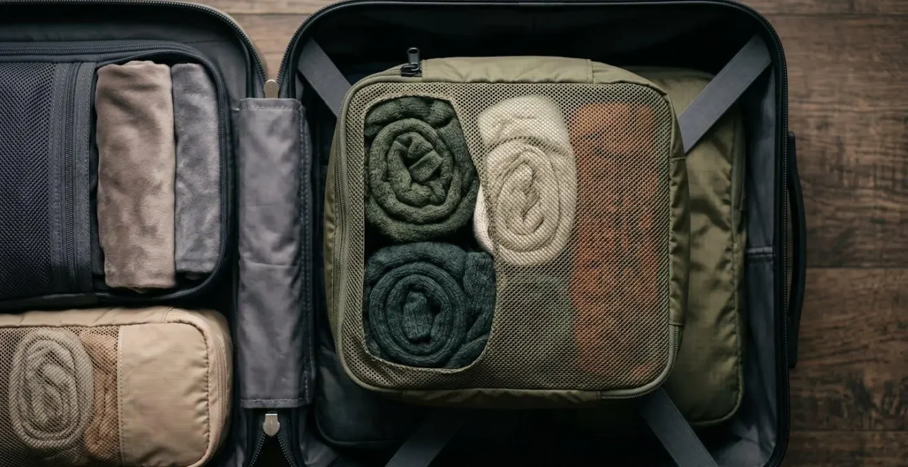Gros plan sur un bagage cabine compact parfaitement organisé avec des packing cubes colorés