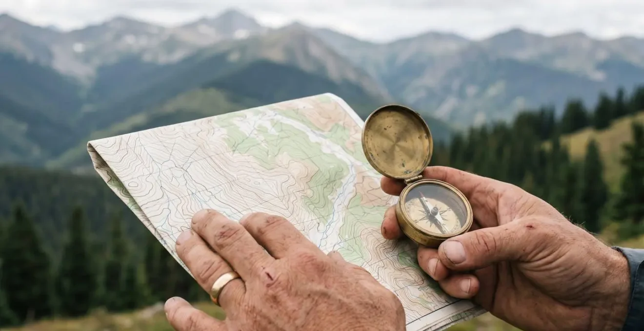 Mains tenant une carte et une boussole avec paysage de montagne en arrière-plan