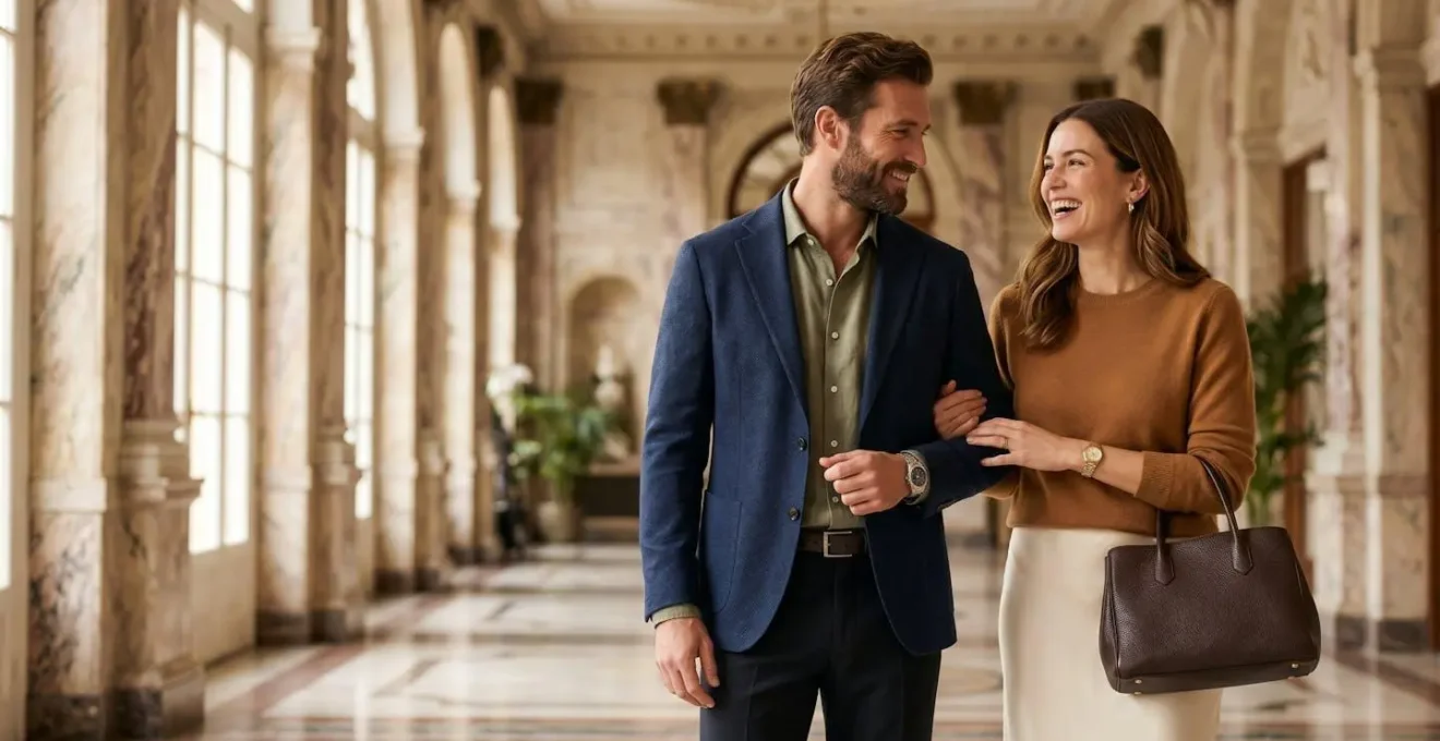 Couple élégant dans un lobby de palace, tenue décontractée chic avec détails luxueux
