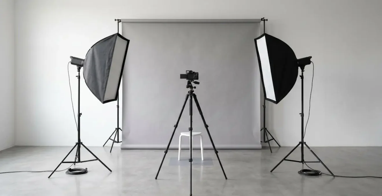 Configuration d'éclairage professionnel pour photo d'identité avec fond neutre et lumière uniforme