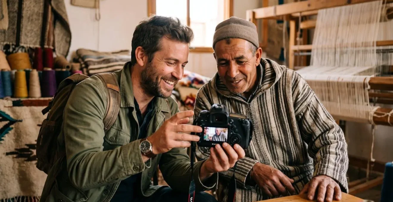 Photographe montrant son appareil photo à un artisan local avec un sourire