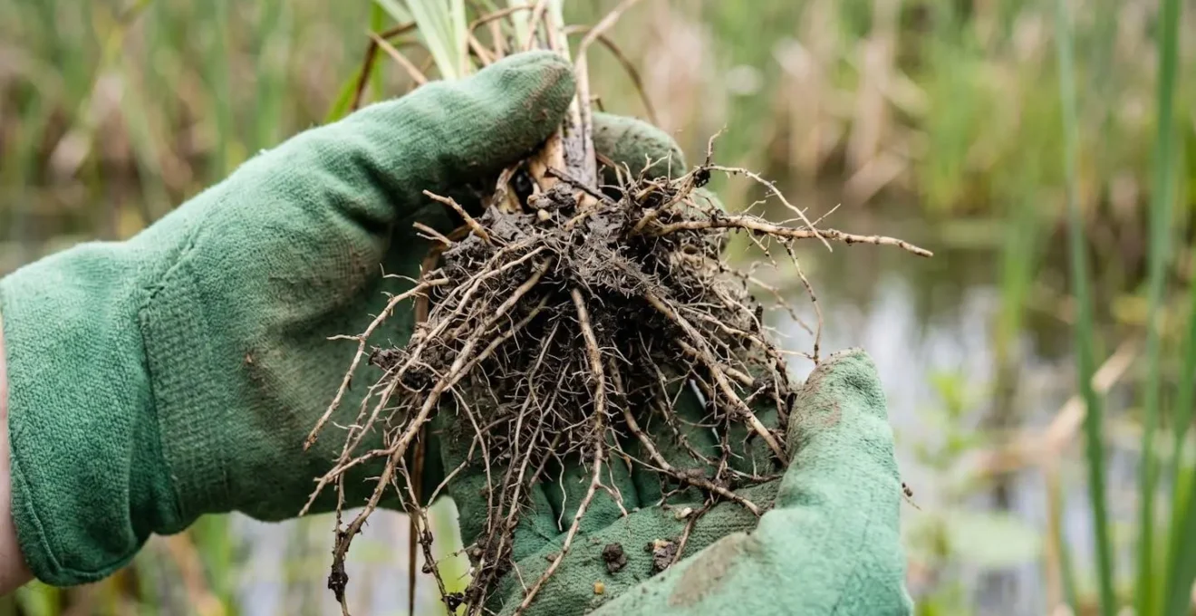 Main avec gants de jardinage tenant délicatement une plante avec système racinaire visible dans un environnement naturel