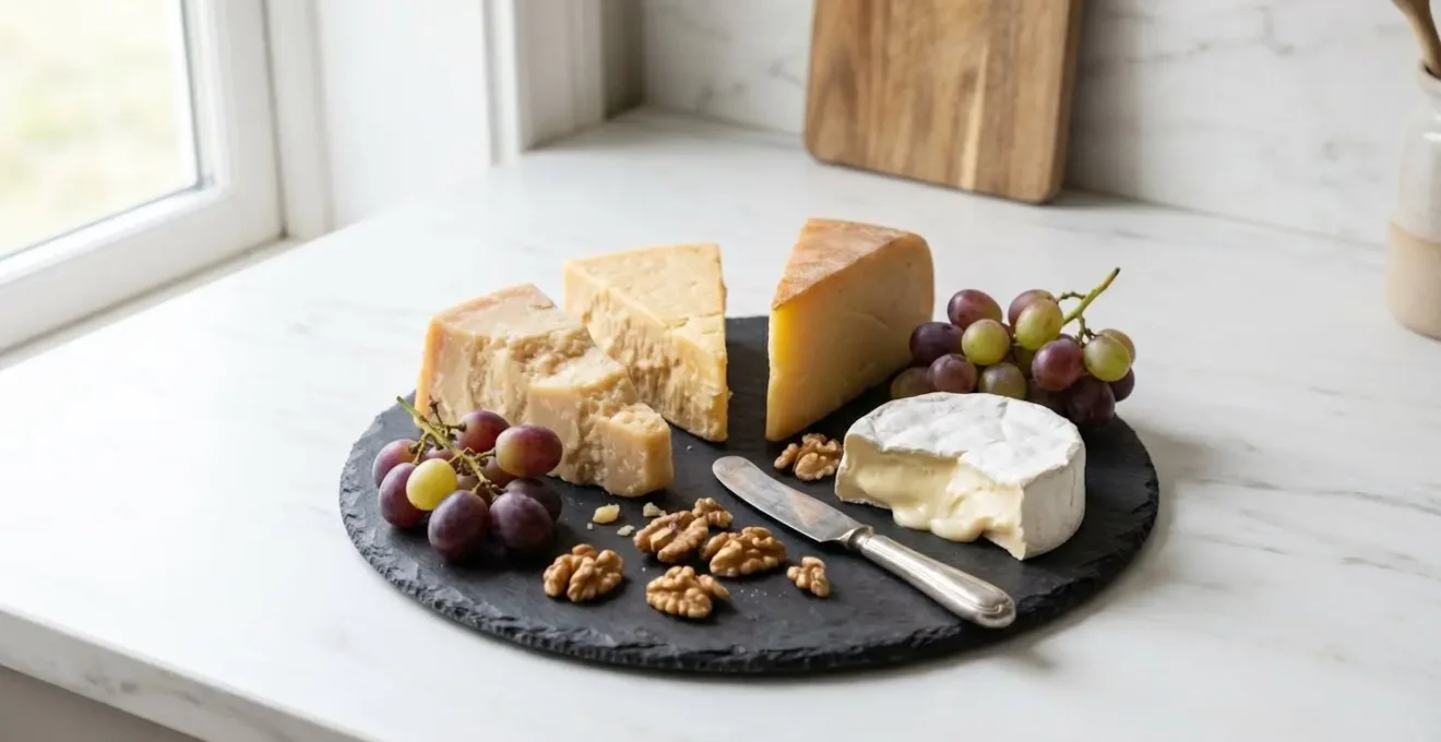 Plateau de fromages élégant avec mise en évidence des textures différentes entre pâtes dures et molles, éclairage naturel