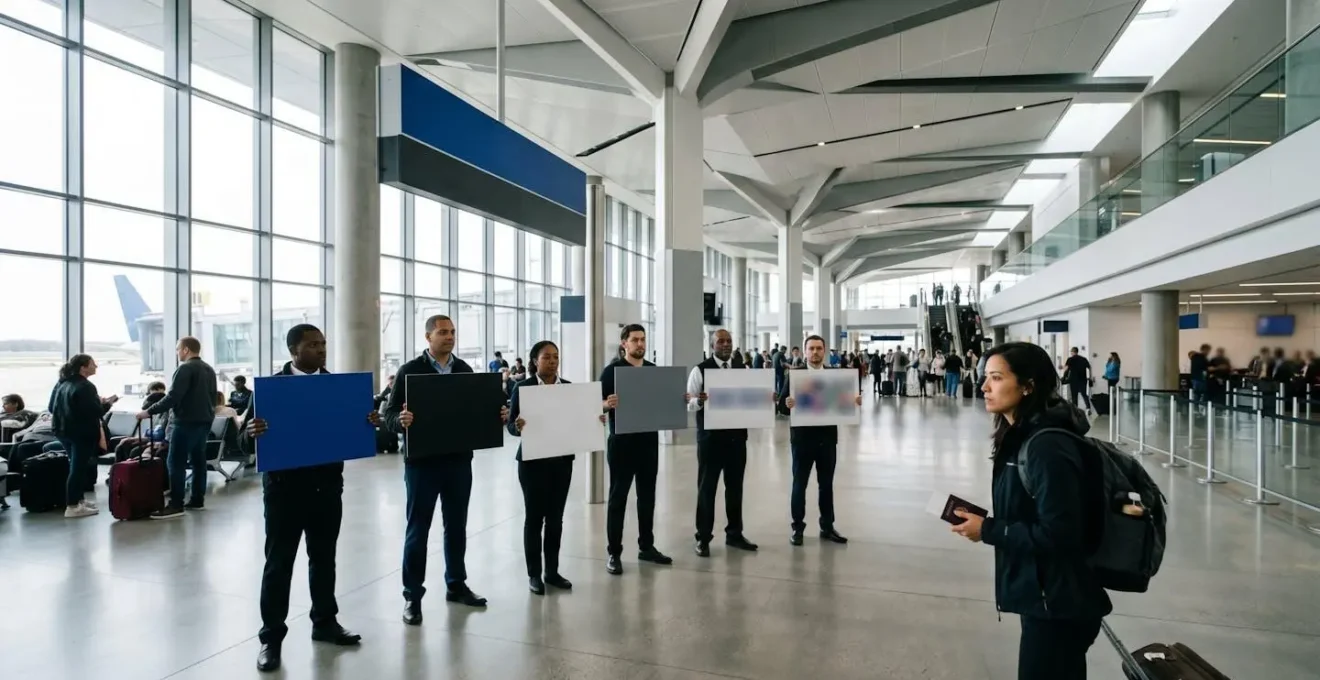 Zone d'attente d'aéroport avec chauffeurs tenant des panneaux flous et voyageur les observant