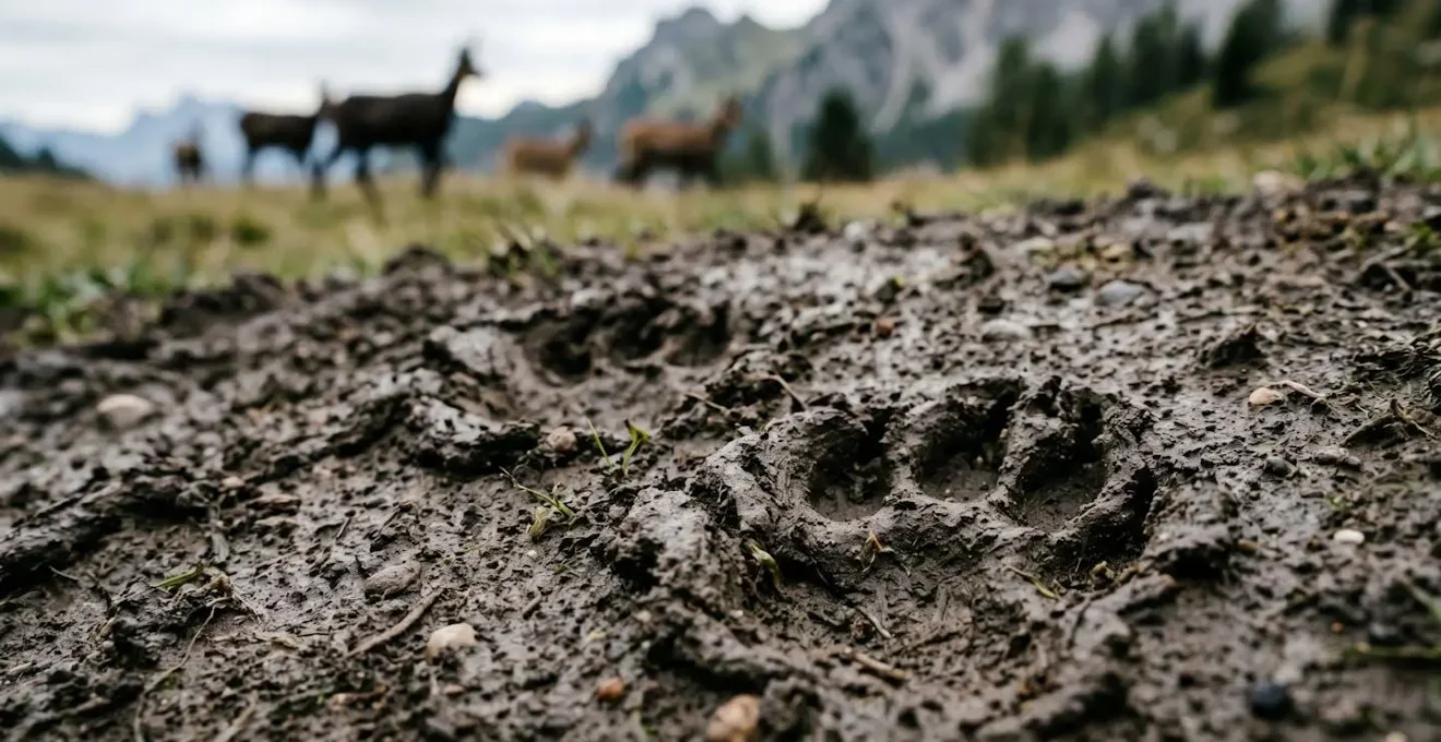 Traces de pattes de canidés sur un sentier de montagne avec faune sauvage en arrière-plan flou