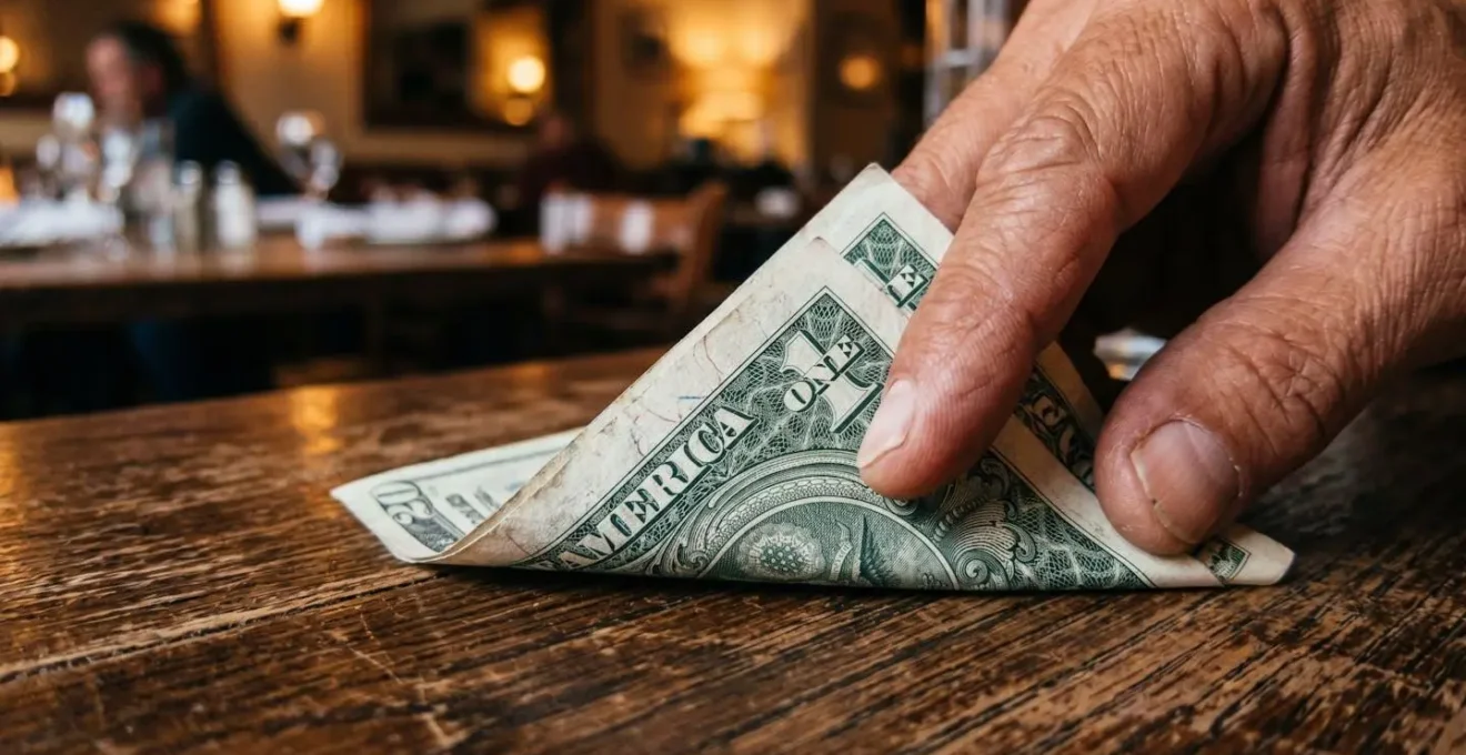 Main déposant discrètement un pourboire en espèces sur une table de restaurant