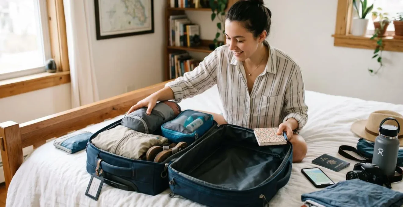 Préparation d'un sac de voyage avec des espaces vides pour achats locaux