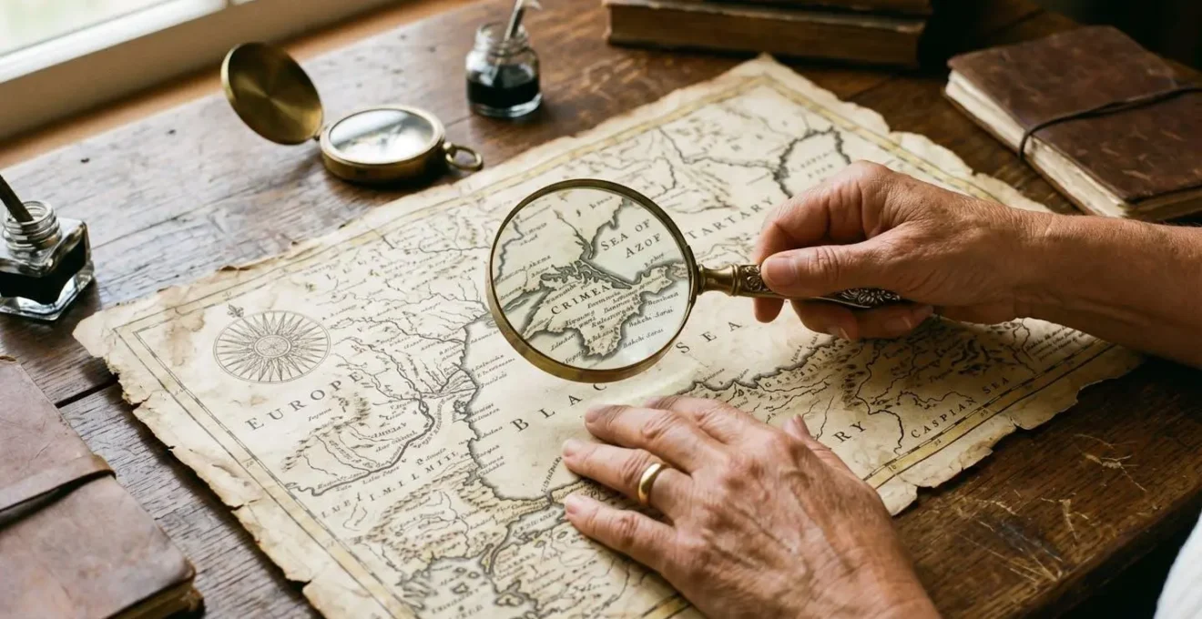 Mains explorant une carte ancienne avec loupe vintage sur table en bois
