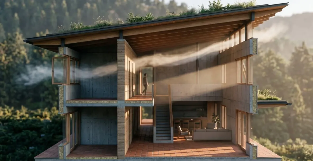Schéma architectural montrant les principes de ventilation naturelle traversante dans un bâtiment bioclimatique