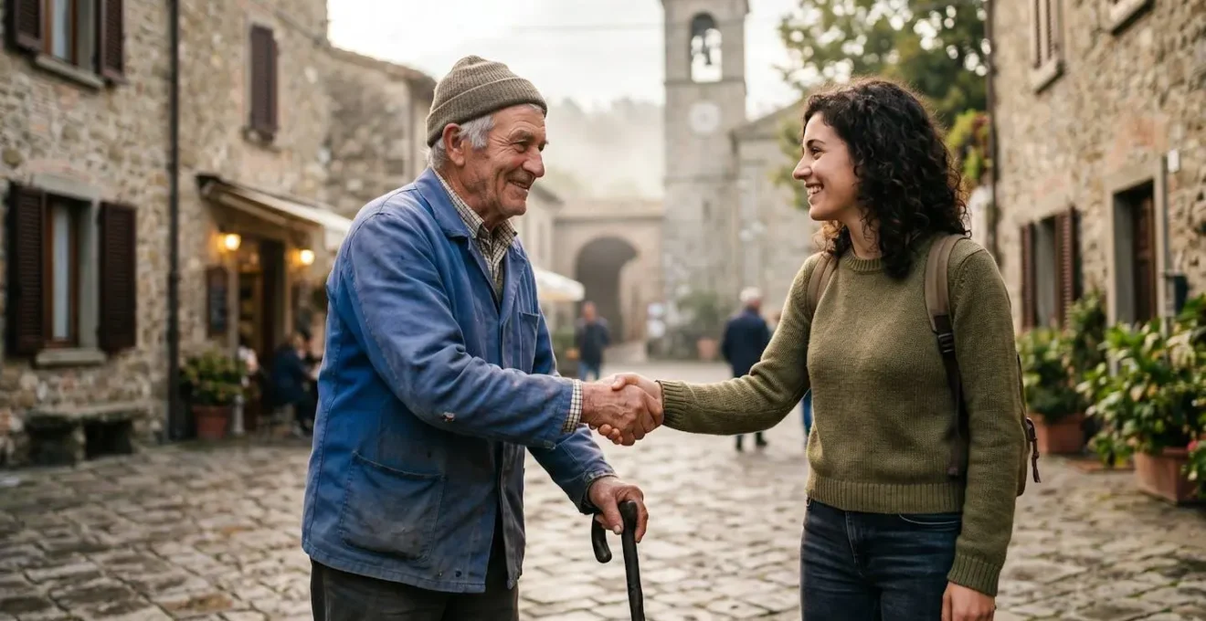 Rencontre chaleureuse entre habitants sur la place d'un petit village français