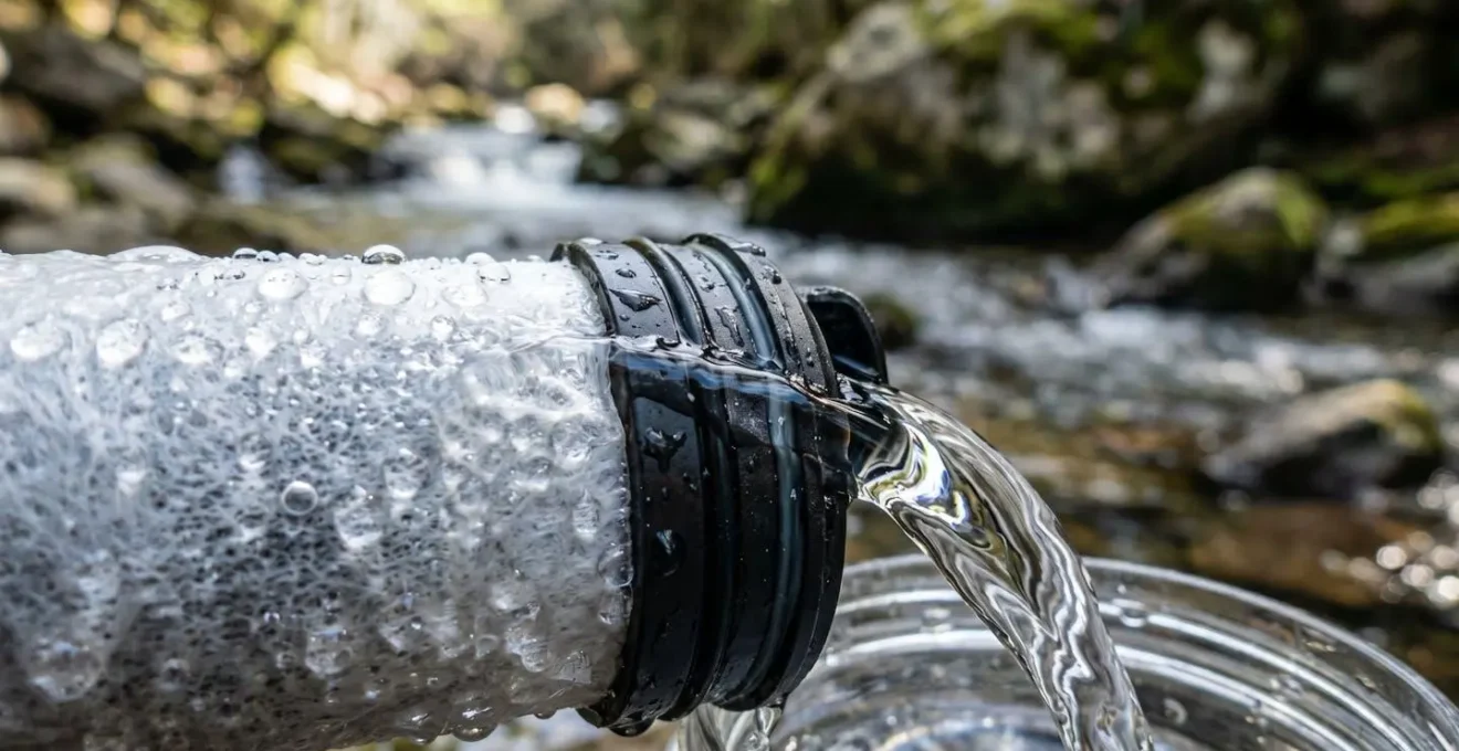 Système de filtration d'eau en action près d'une source de montagne