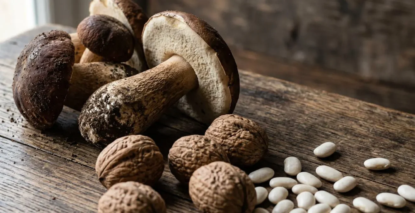 Composition artistique de produits végétaux du Sud-Ouest avec cèpes, noix du Périgord et haricots tarbais sur table en bois rustique