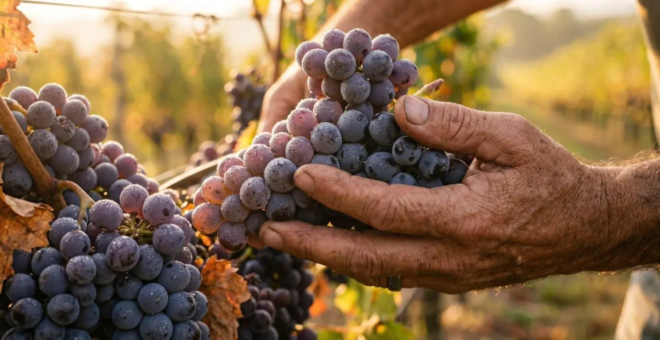 Scène de vendanges dans un vignoble baigné de lumière dorée d'automne