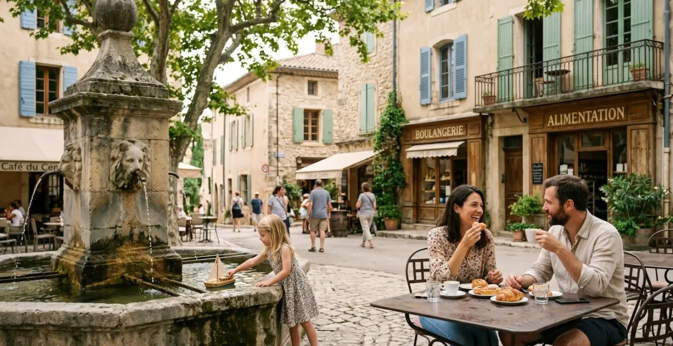Place de village français pittoresque avec fontaine centrale, terrasses de café et boulangerie artisanale, quelques personnes profitant d'une pause