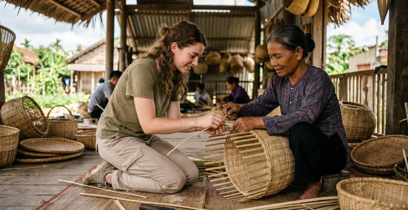 Volontaire occidental apprenant humblement une technique traditionnelle auprès d'un artisan local
