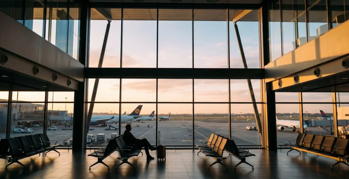 Voyageur seul attendant dans un terminal d'aéroport vide au coucher du soleil
