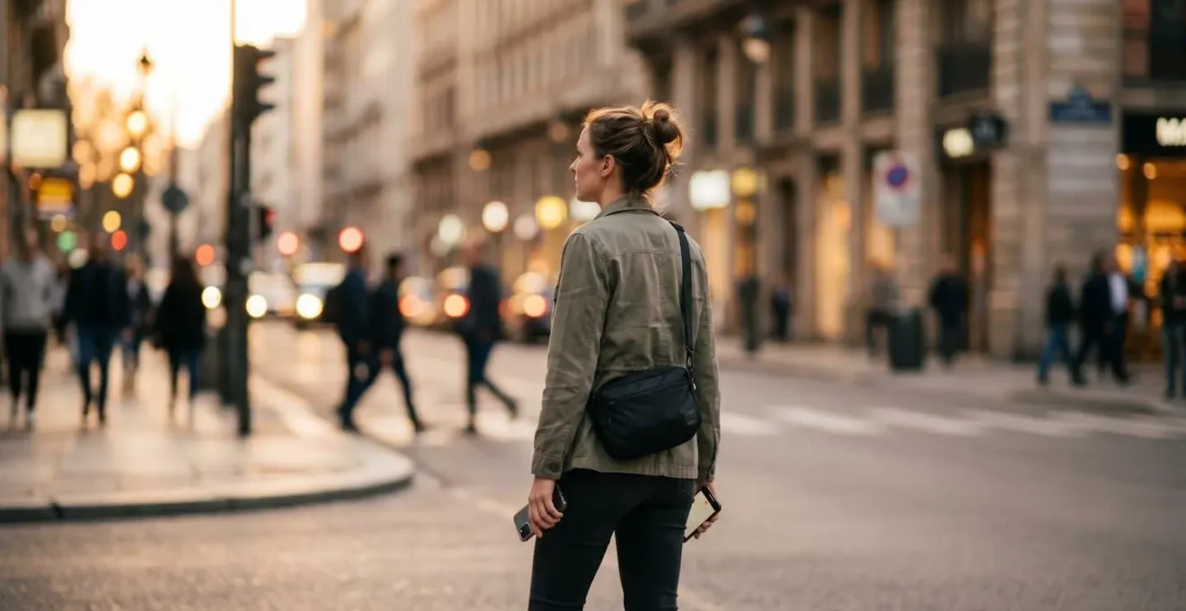 Voyageur consultant discrètement son téléphone dans une rue urbaine animée