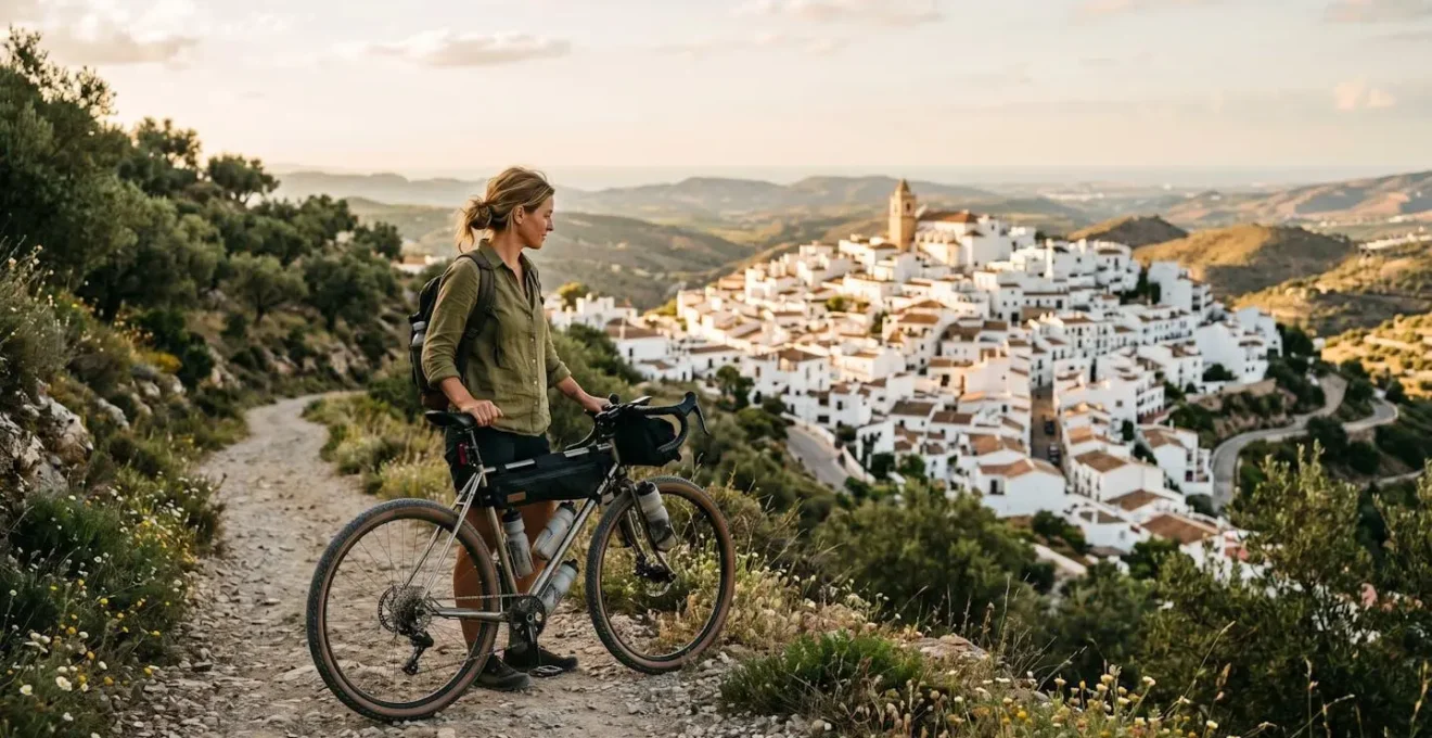 Cycliste découvrant un village andalou typique aux maisons blanches depuis une colline