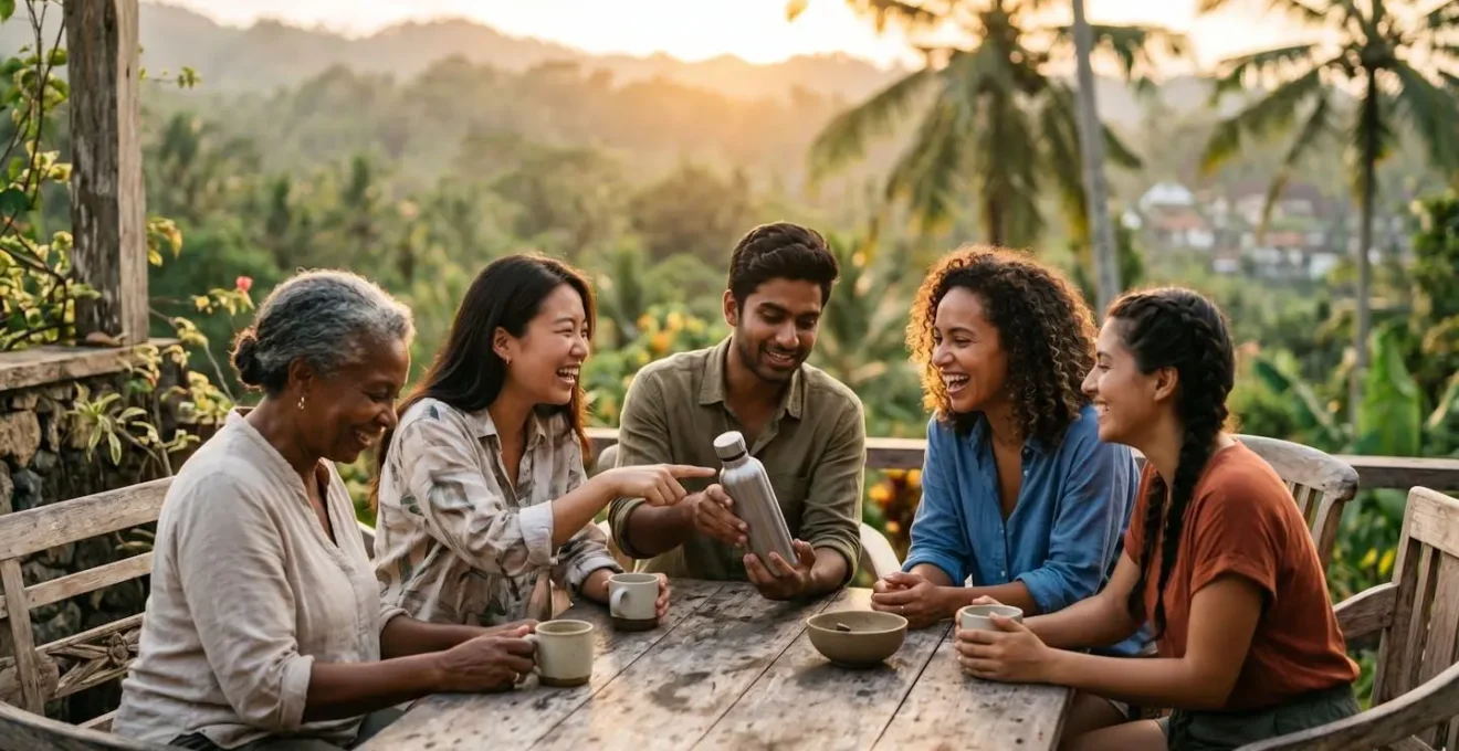 Groupe de voyageurs partageant leurs expériences sur une terrasse au coucher du soleil