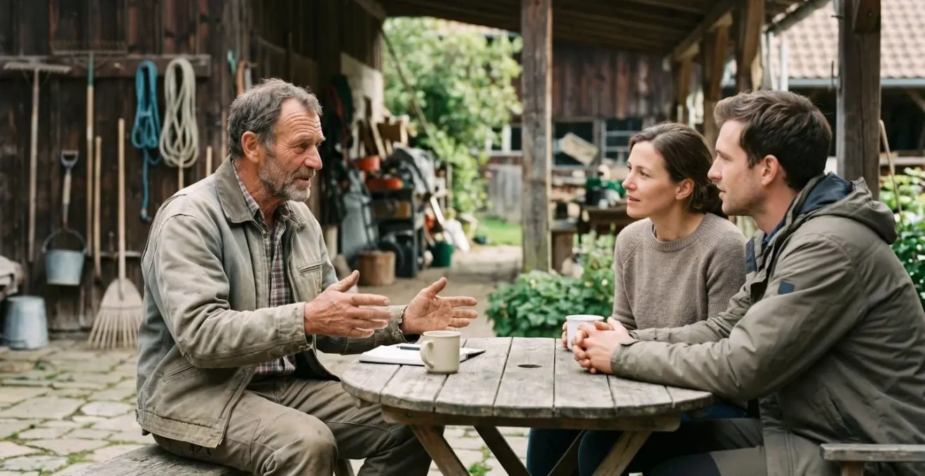 Un groupe de visiteurs échange avec un agriculteur autour d'une table en bois dans la cour de ferme